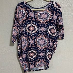 Agnes and Dora dolman short sleeve tunic top. Navy blue dusk rose paisley print